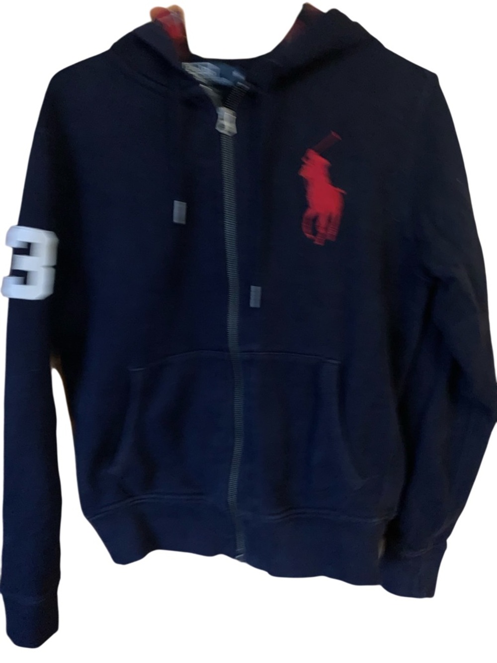 Polo by Ralph Lauren Navy Zip Hoodie with Red Pony and Tartan Hood Lining - Picture 5 of 5